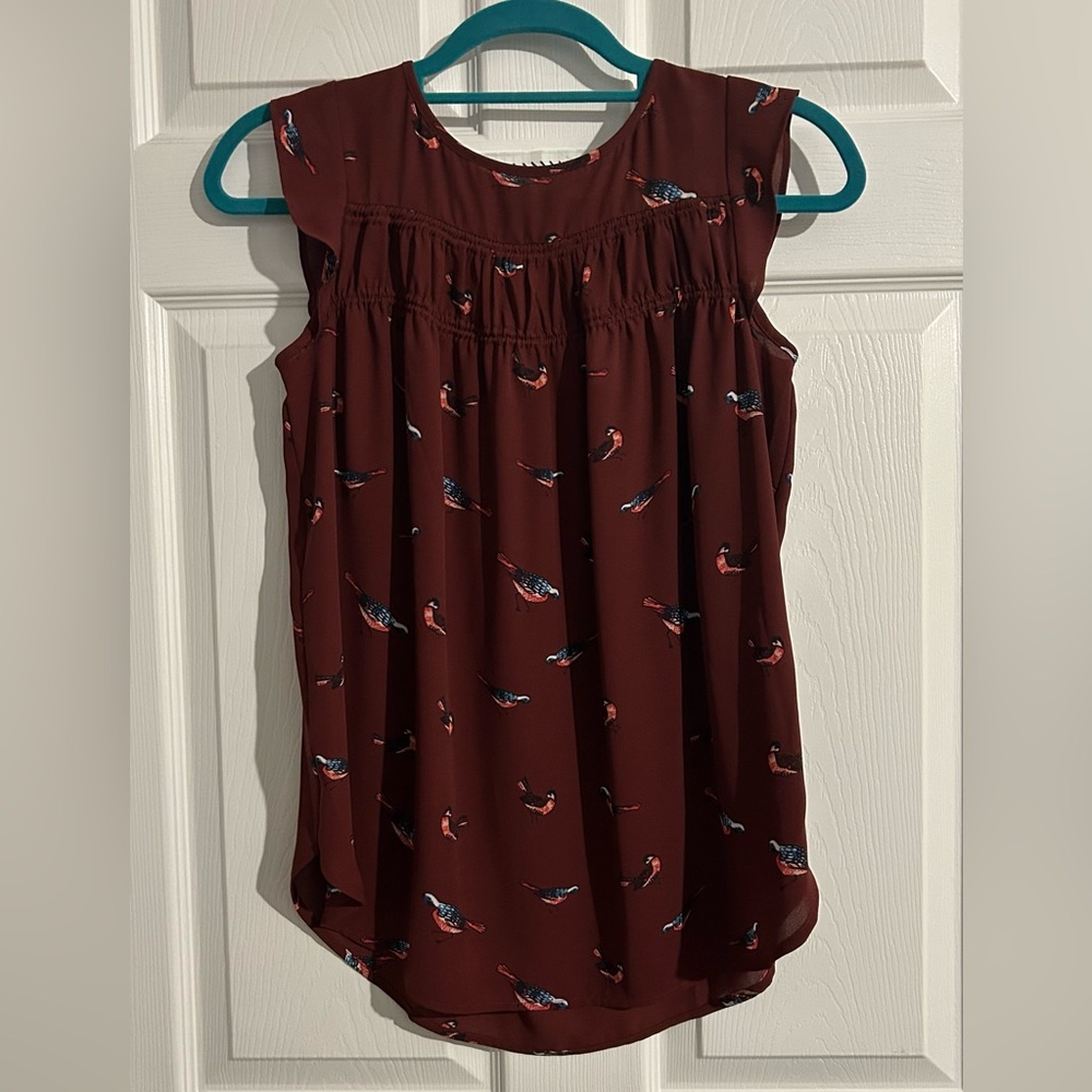 Ann Taylor Burgundy Tank Top with Bird Print